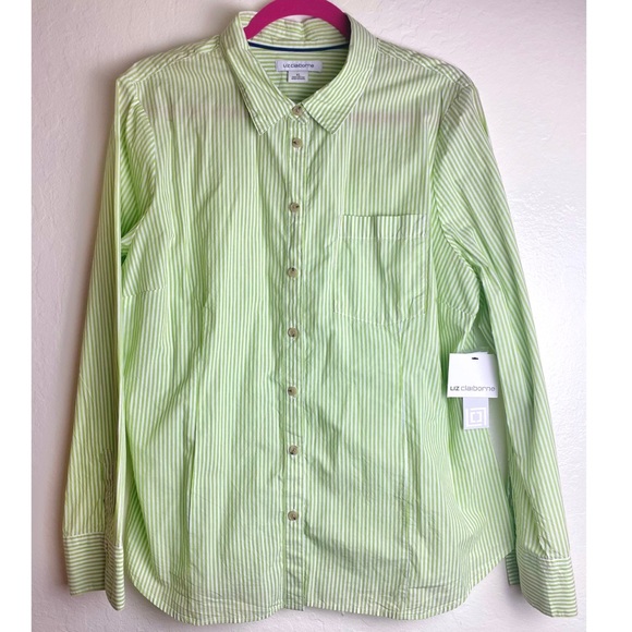 NWT Liz Claiborne Green and White Striped Button Down Blouse - Picture 1 of 2